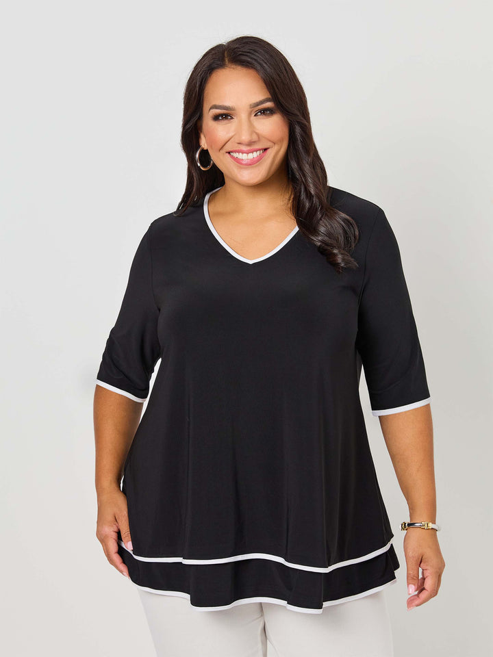 Contrast Trim Jersey Top - Black