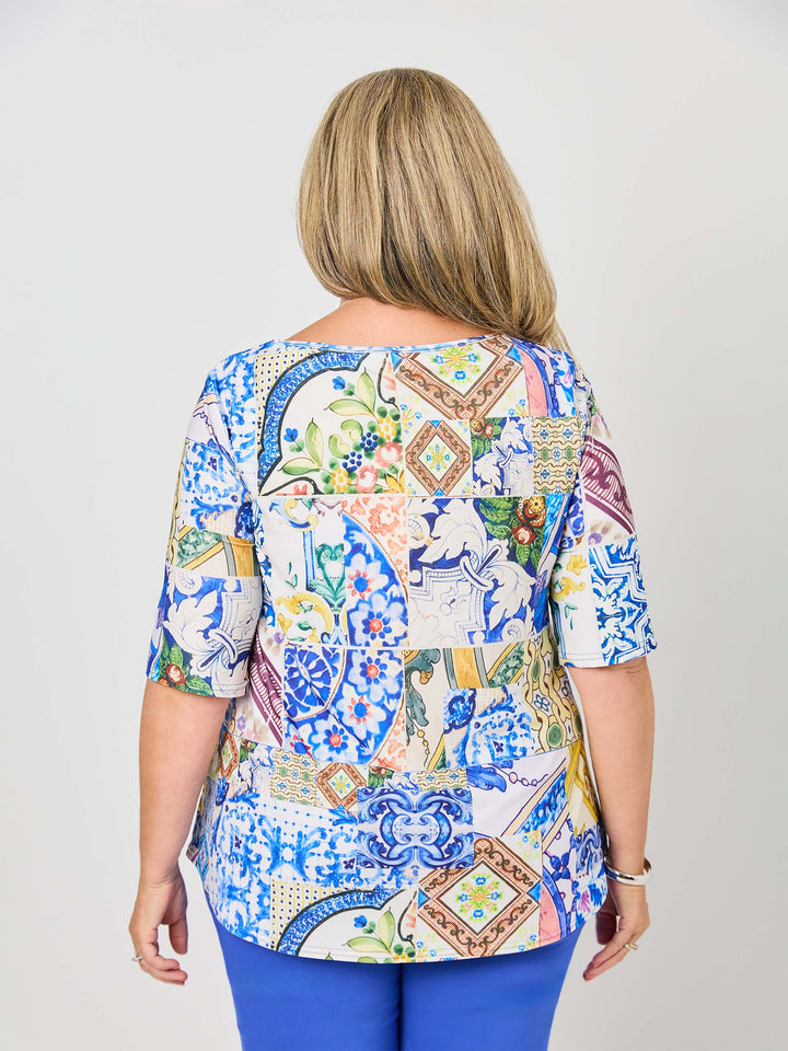 Elbow Sleeve Round Neck Jersey Top - Moroccan Tiles