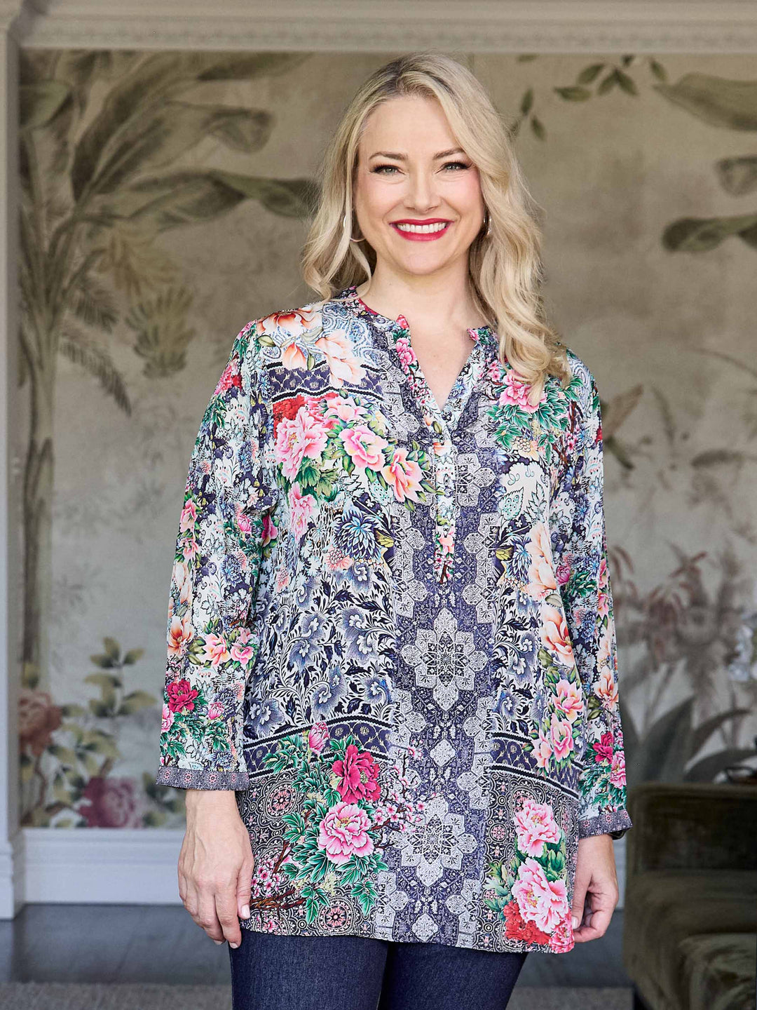 model wearing Lydia print nehru collar silky top with demin