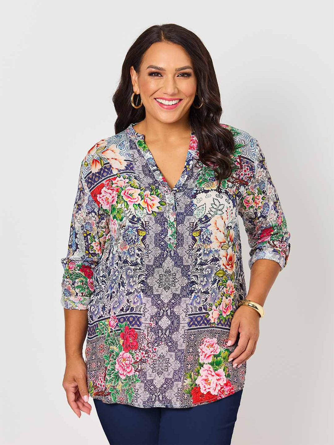 front view of model wearing Lydia floral print nehru collar silky top