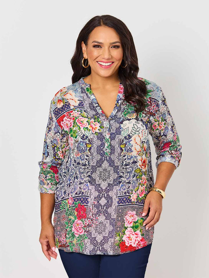 front view of model wearing Lydia floral print nehru collar silky top