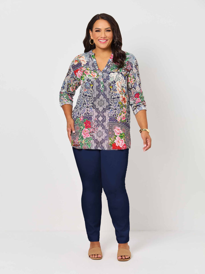 model wearing Lydia floral print nehru collar silky top