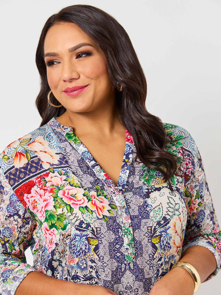 close up of Lydia floral print nehru collar silky top