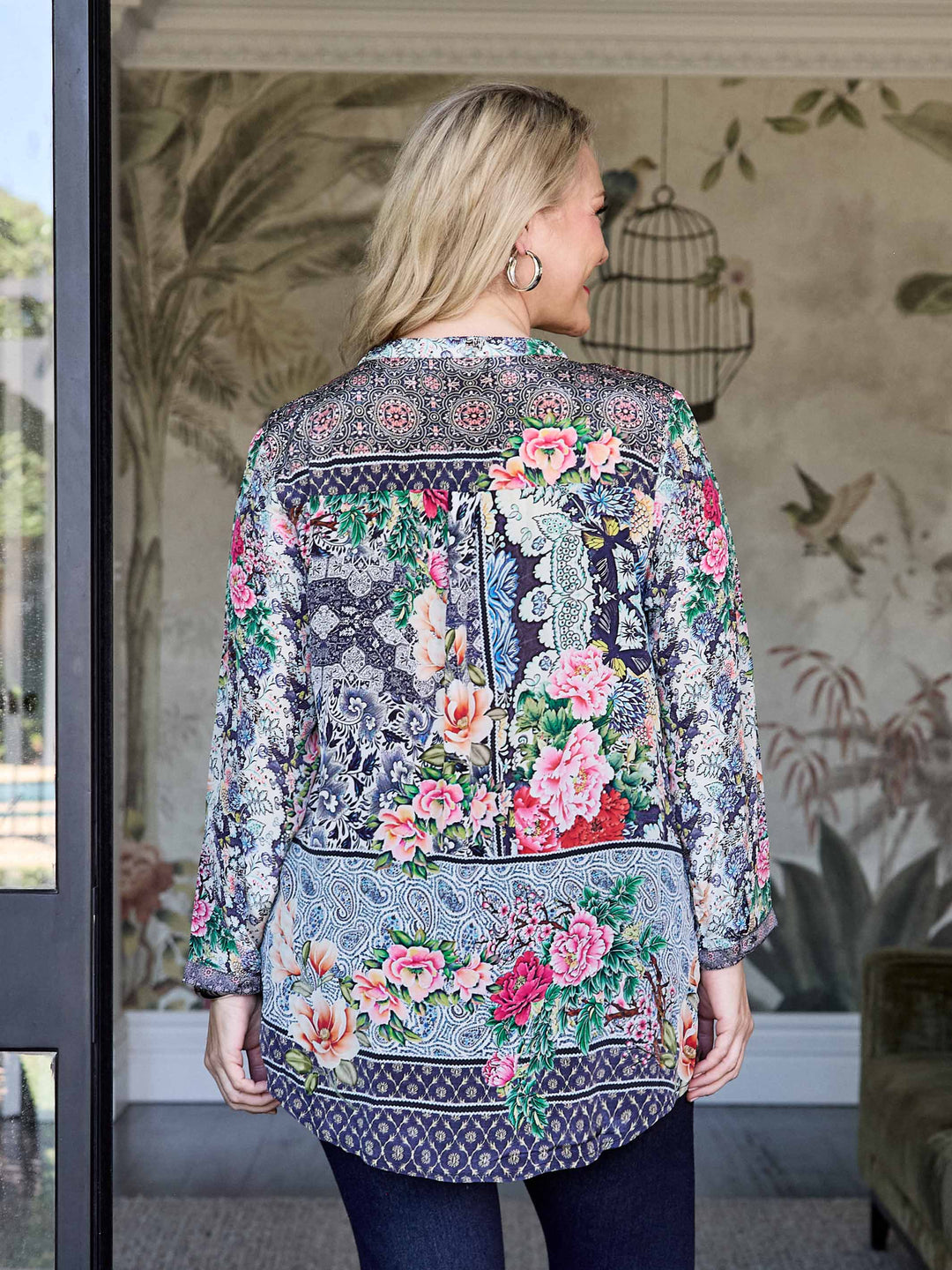 back view of Lydia floral print nehru collar silky top