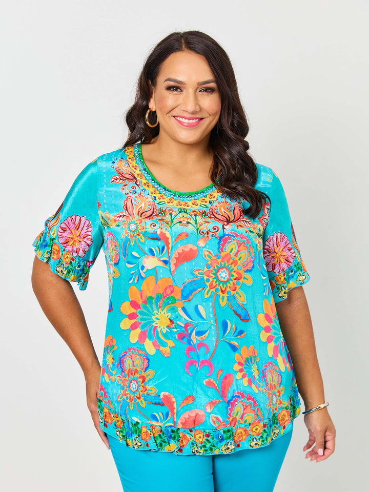 Remi Print Ruffle Trim Top - Aqua