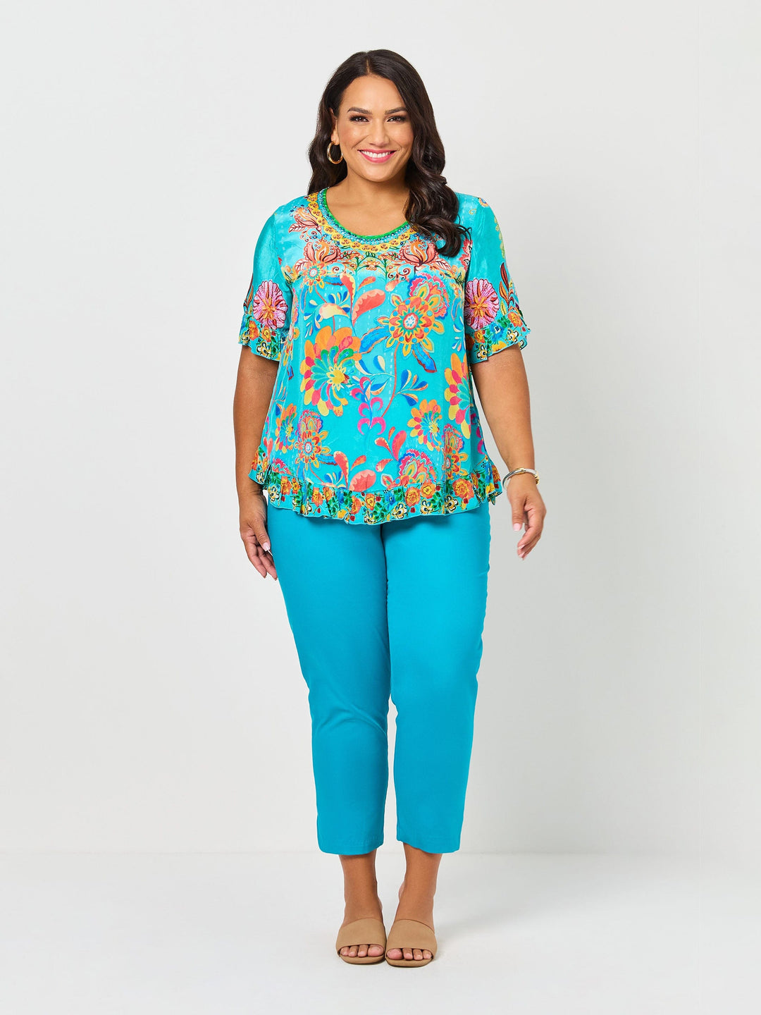 Remi Print Ruffle Trim Top - Aqua