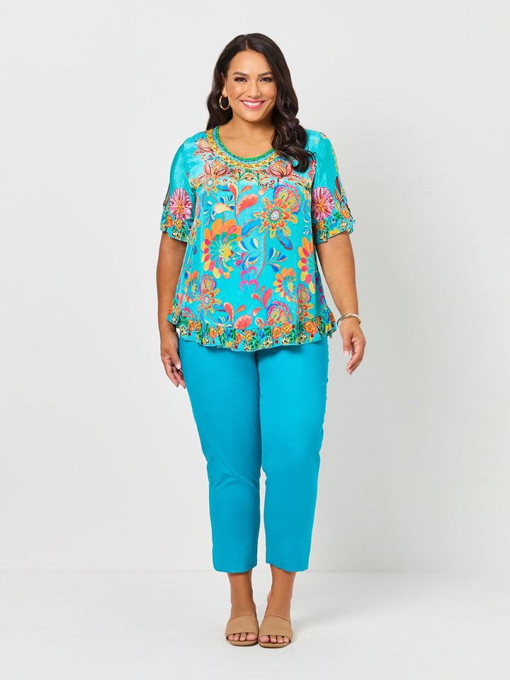 Remi Print Ruffle Trim Top - Aqua