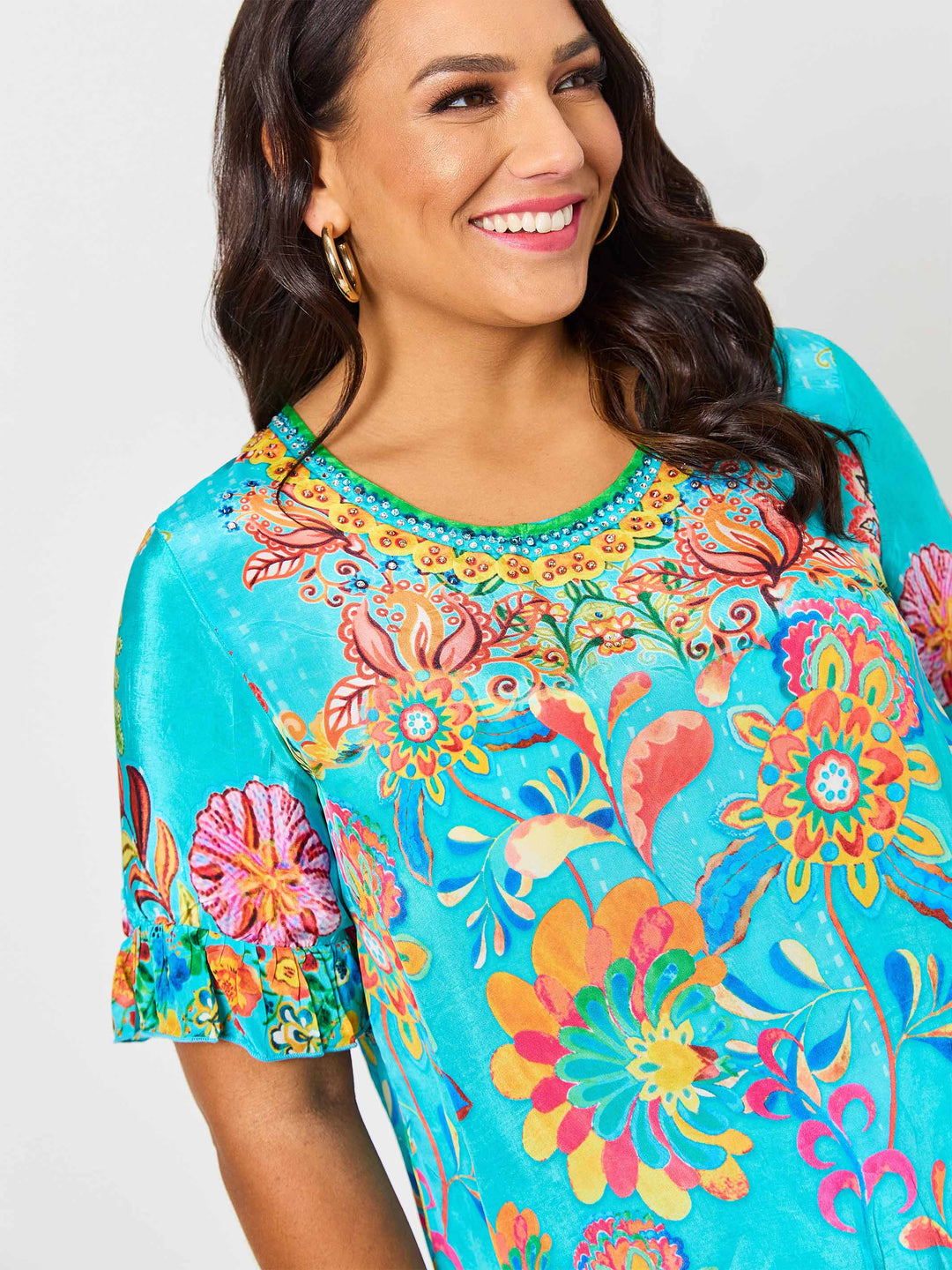 Remi Print Ruffle Trim Top - Aqua