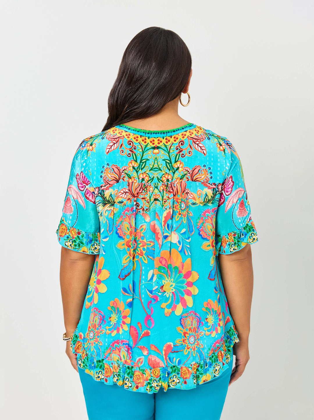 Remi Print Ruffle Trim Top - Aqua