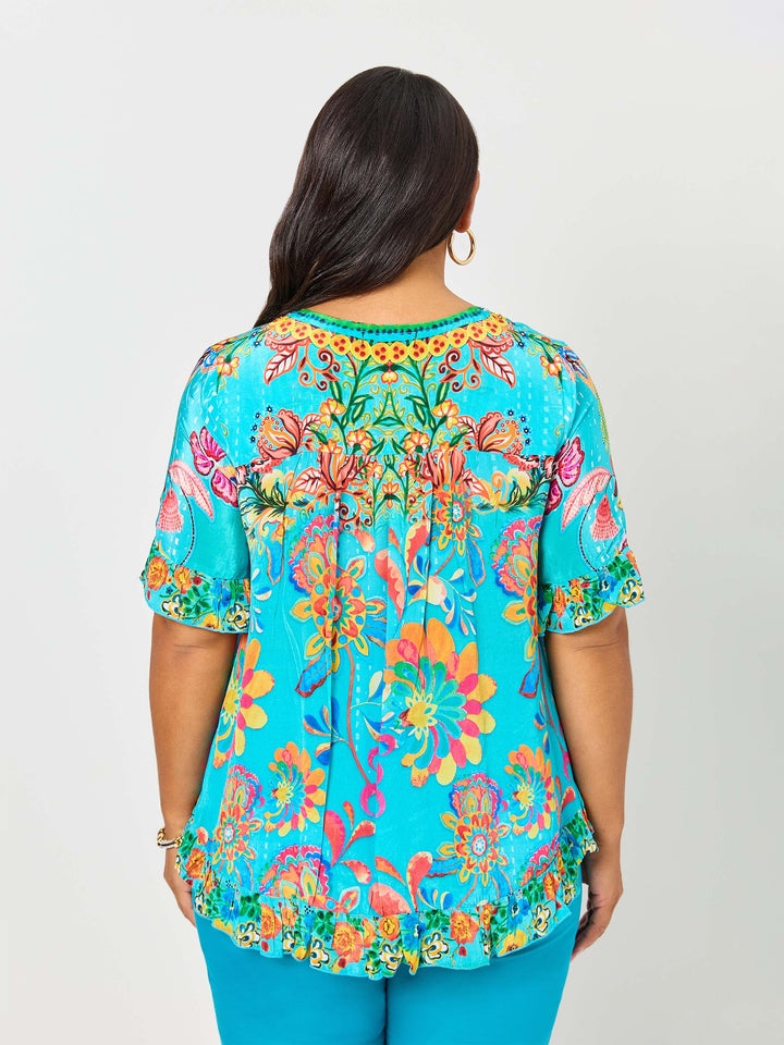 Remi Print Ruffle Trim Top - Aqua