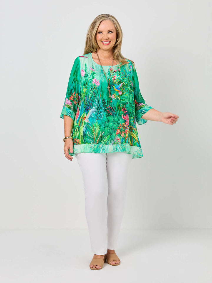 Arabella Print Ruffle Trim Plus Size Top - Green with white pant