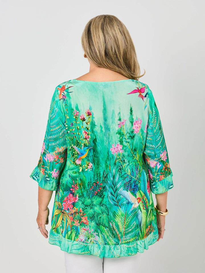 Back view of plus size Arabella print ruffle trim silky top - green