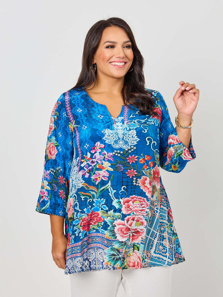 Ariana Print V-Inset Top - Blue