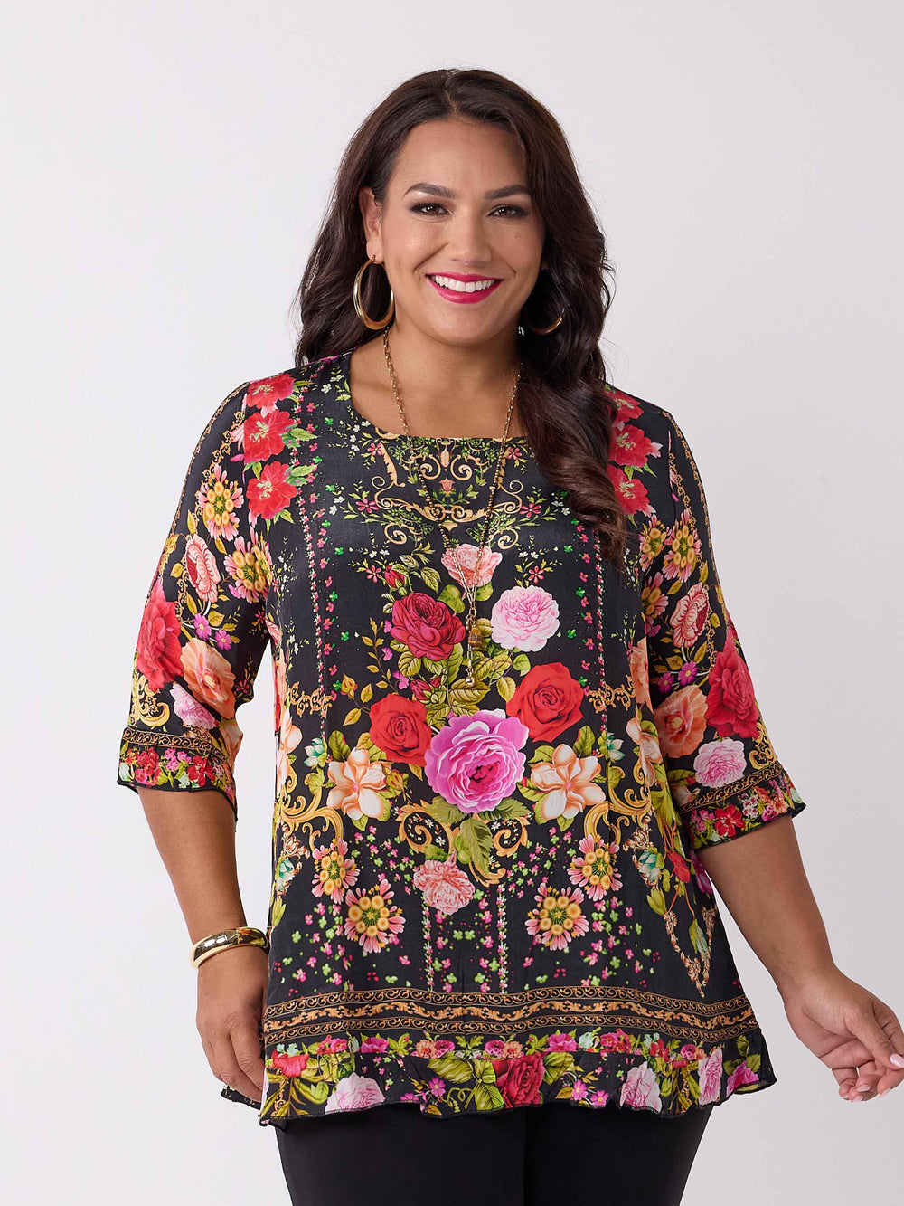 front view of plus size Jo jo print ruffle trim silky top - black
