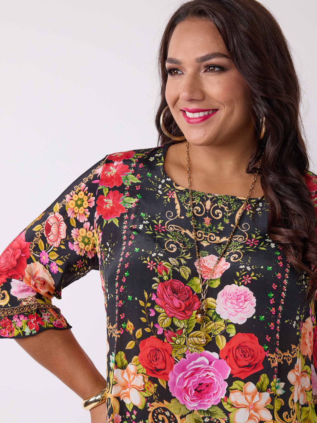 close up of plus size Jo jo print ruffle trim silky top - black