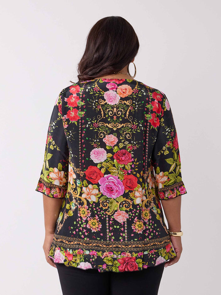 back view of plus size Jo jo print ruffle trim silky top - black