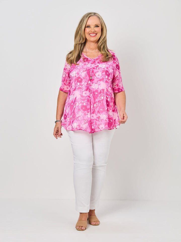 V-Neck Invert Print Top - Pink Romance