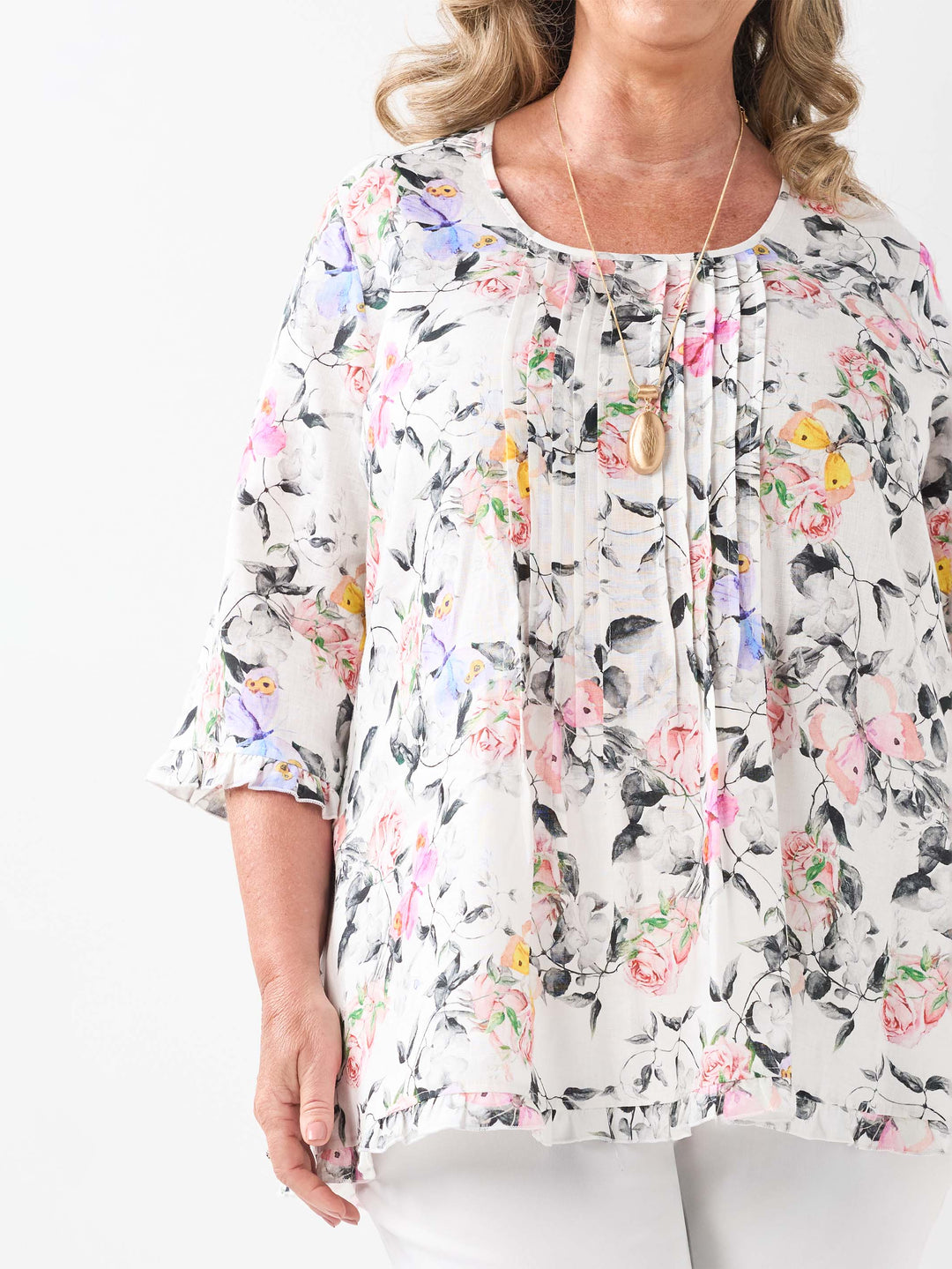 Round Neck Tuck Linen Top - Symphony of Roses