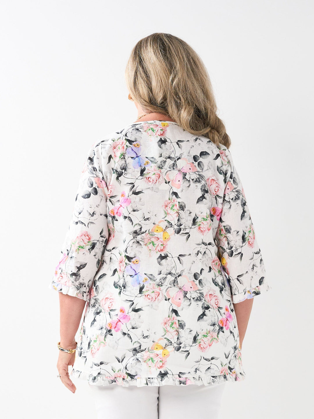 Round Neck Tuck Linen Top - Symphony of Roses