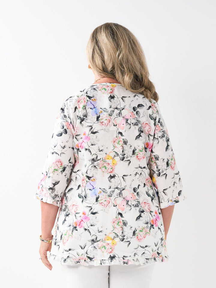 Round Neck Tuck Linen Top - Symphony of Roses