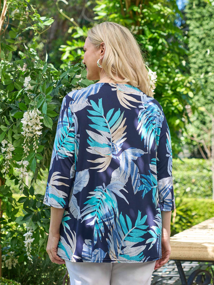 V-Neck Band Invert Print Jersey Top - Caribbean