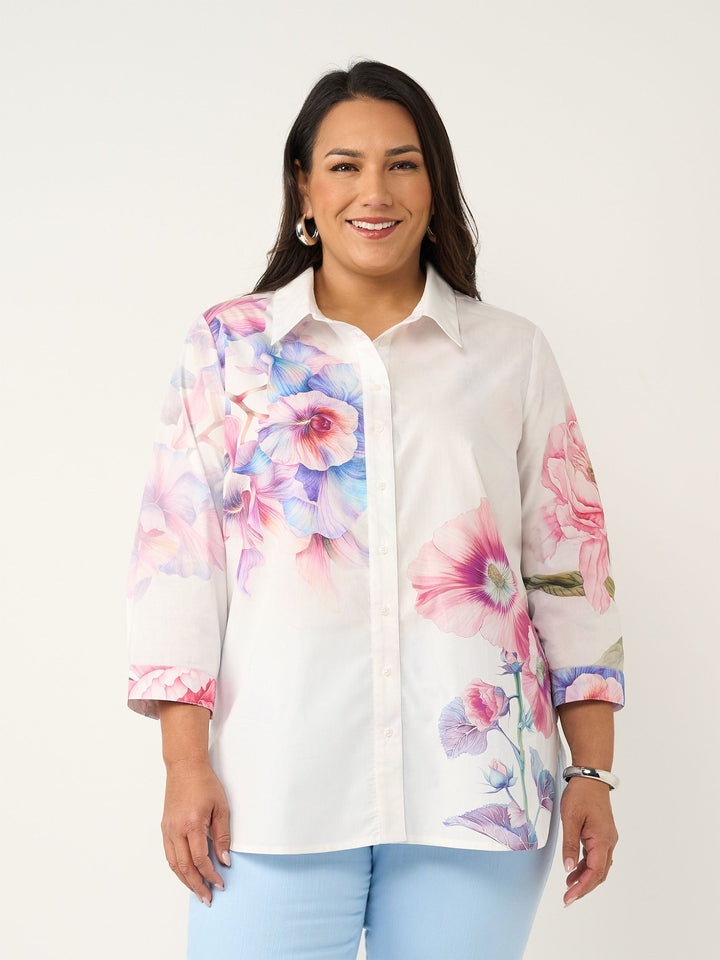 Collared Print Cotton Shirt - Trumpet Flower