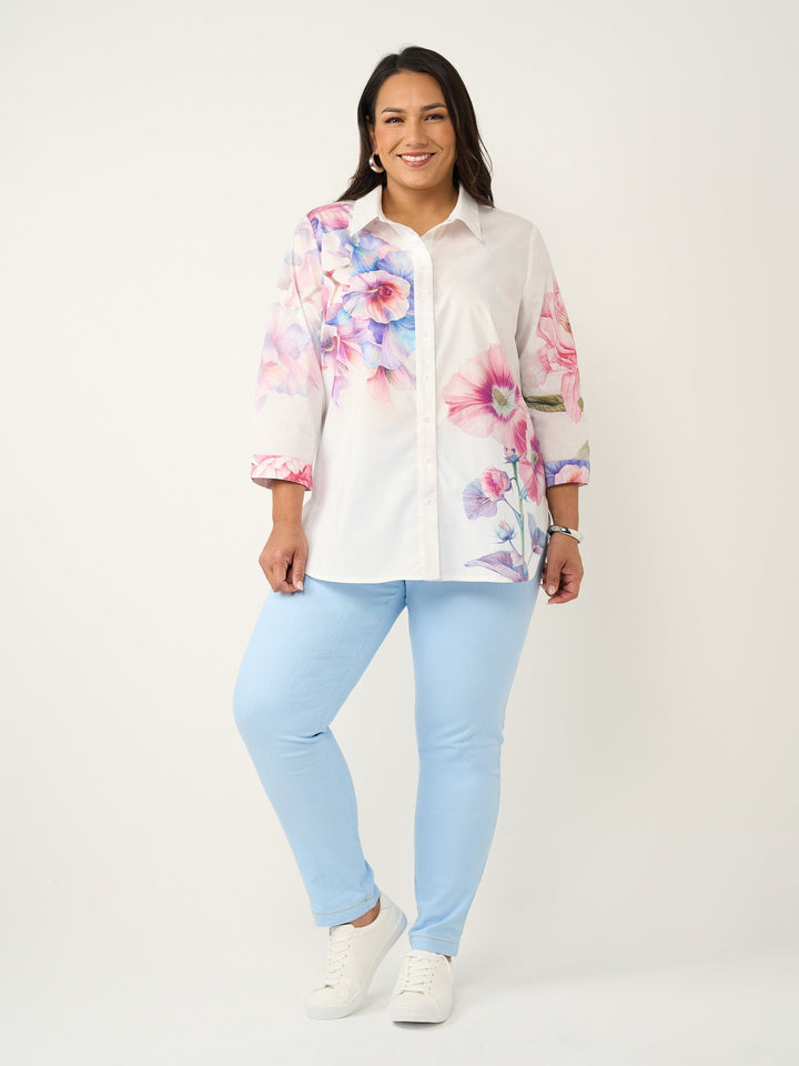 Collared Print Cotton Shirt - Trumpet Flower