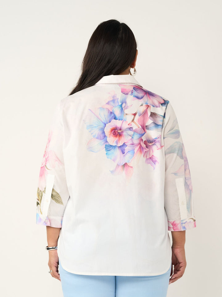 Collared Print Cotton Shirt - Trumpet Flower
