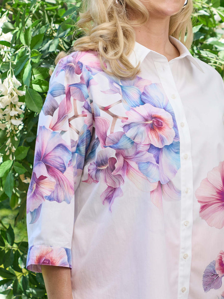 Collared Print Cotton Shirt - Trumpet Flower