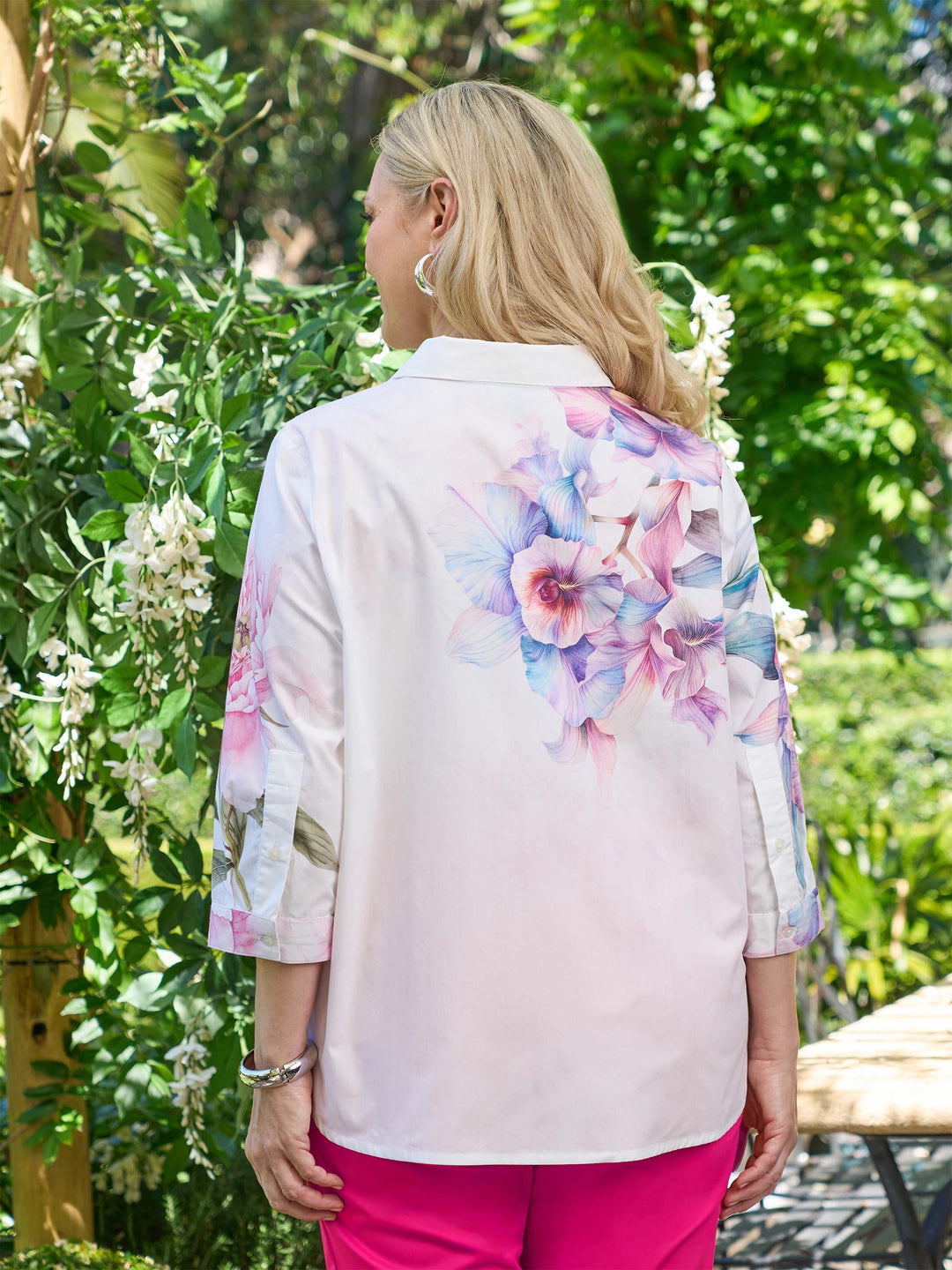 Collared Print Cotton Shirt - Trumpet Flower