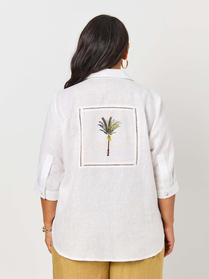 Date Palm Fagotted Linen Shirt - White