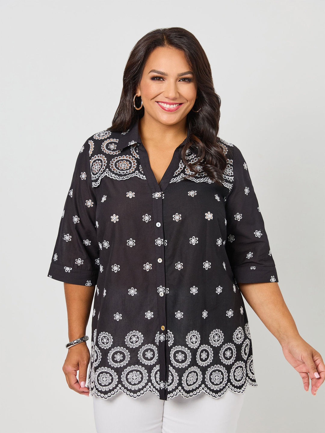 Broderie Border Cotton Shirt - Black/White