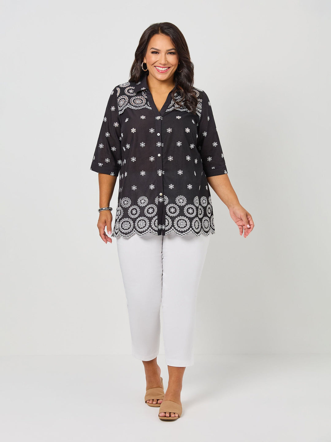 Broderie Border Cotton Shirt - Black/White