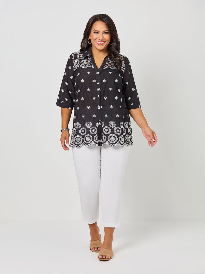 Broderie Border Cotton Shirt - Black/White