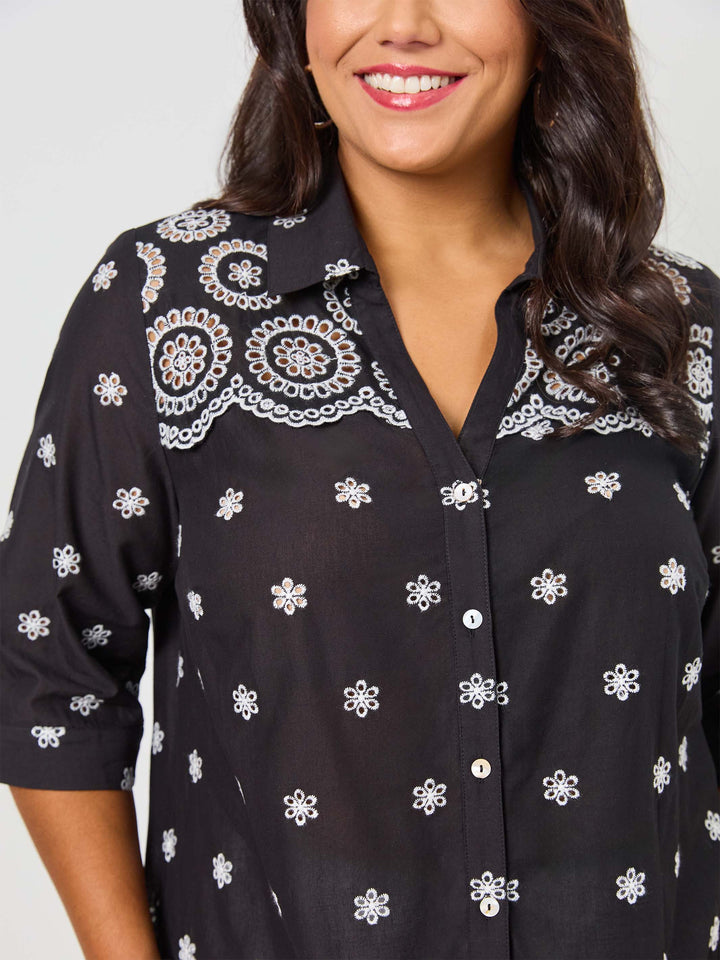 Broderie Border Cotton Shirt - Black/White