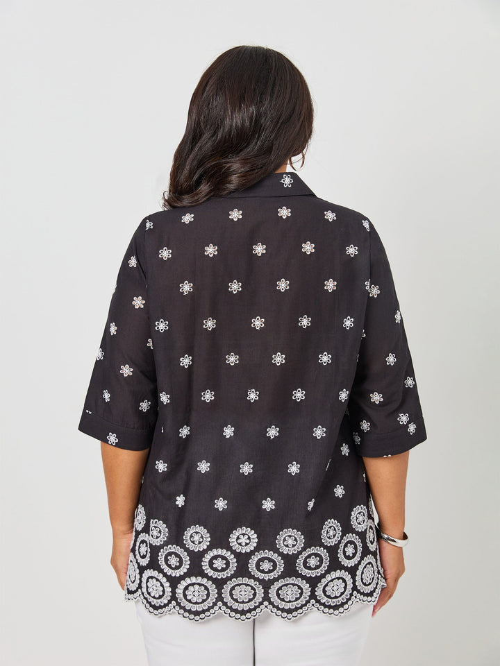 Broderie Border Cotton Shirt - Black/White
