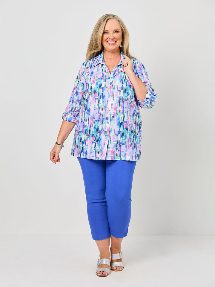 Collared Linen Cotton Tab Shirt - Splash