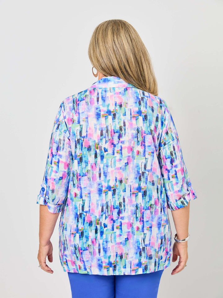 Collared Linen Cotton Tab Shirt - Splash