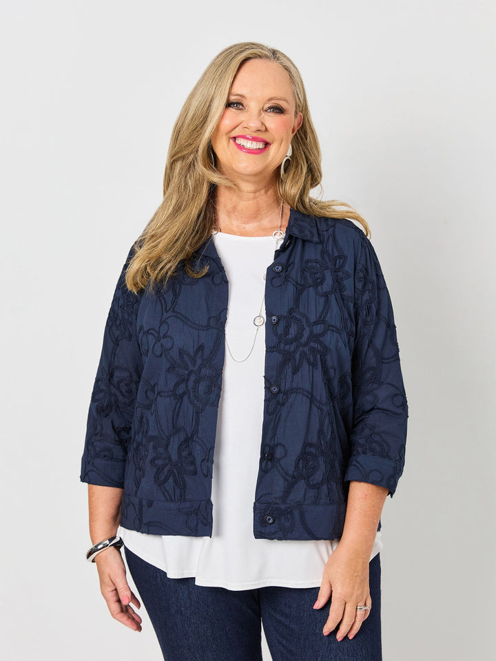 Embroidered Cotton Jacket - Navy