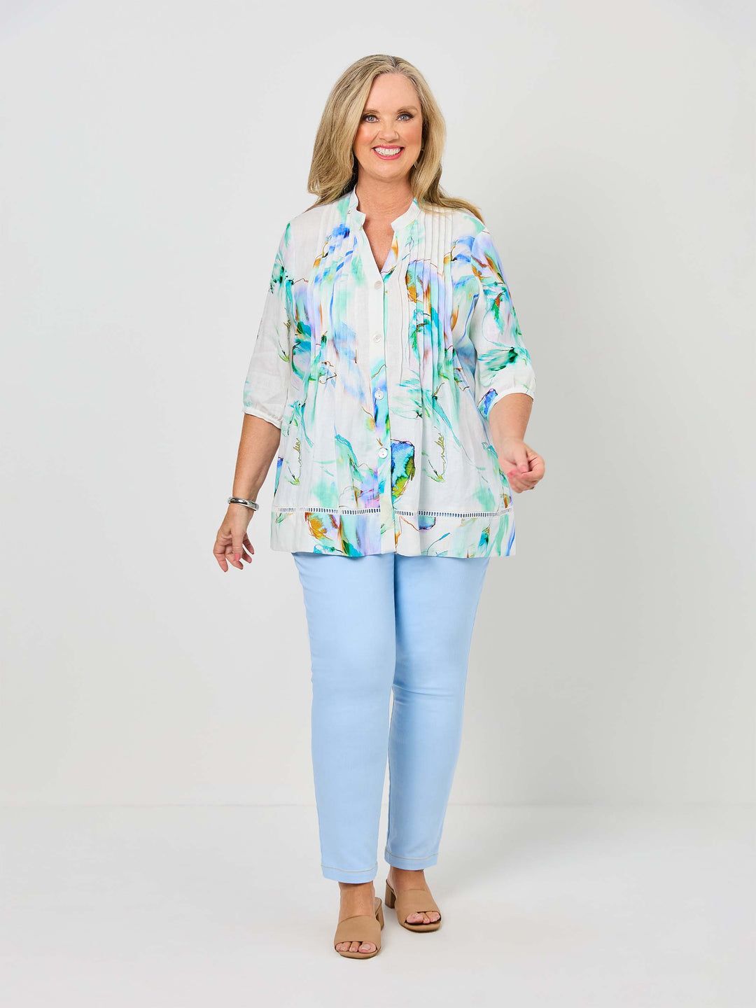 Nehru Collar Tucked Linen Shirt - Water Iris