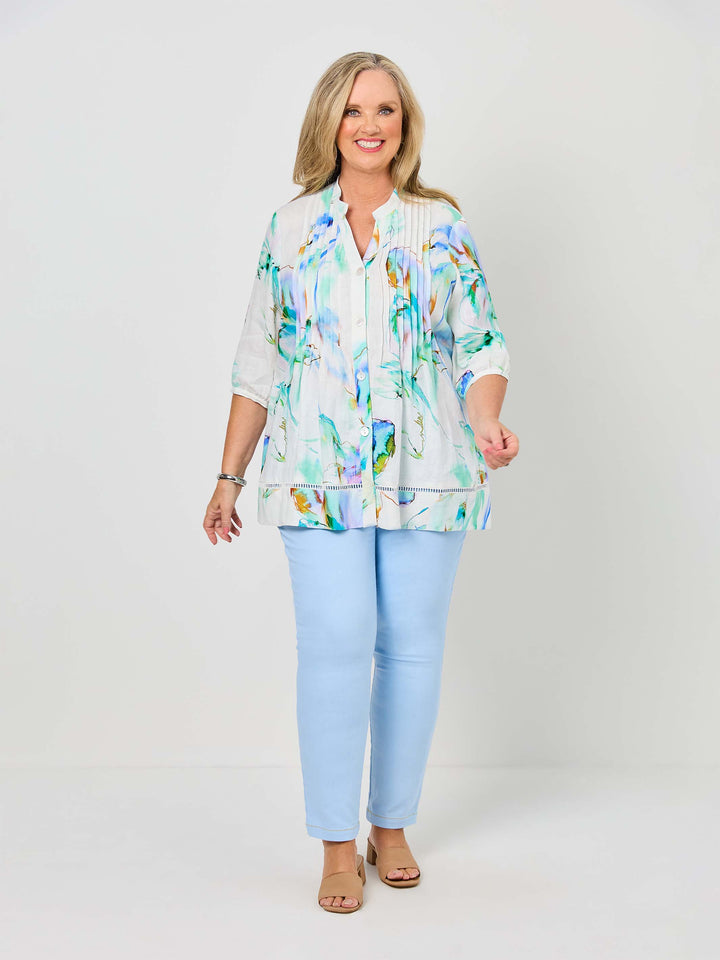 Nehru Collar Tucked Linen Shirt - Water Iris