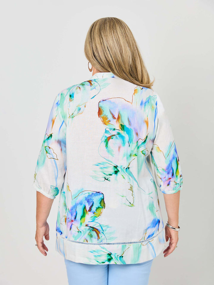 Nehru Collar Tucked Linen Shirt - Water Iris