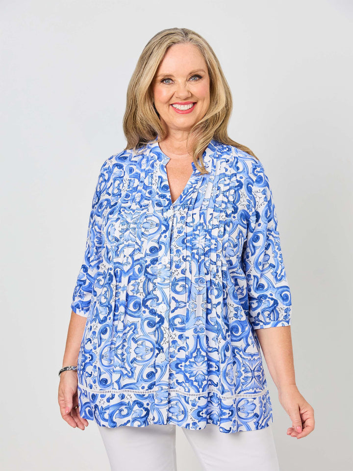 Nehru Collar Tucked Rayon Shirt - Blue Wedgewood