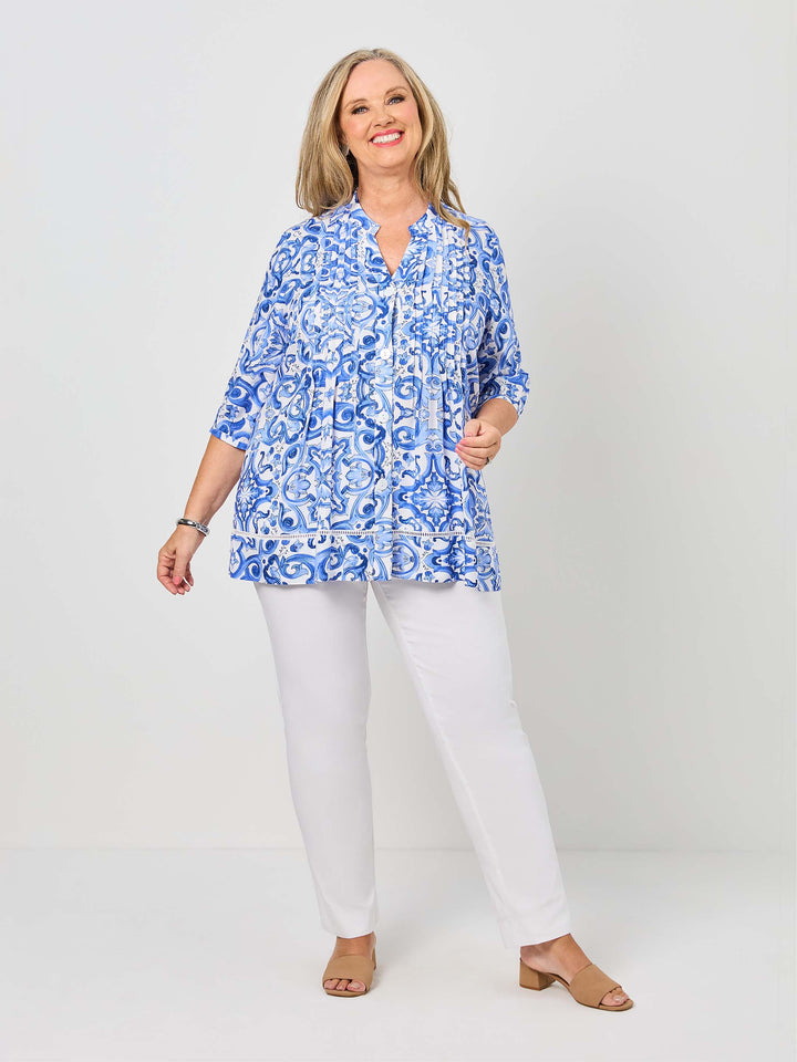 Nehru Collar Tucked Rayon Shirt - Blue Wedgewood
