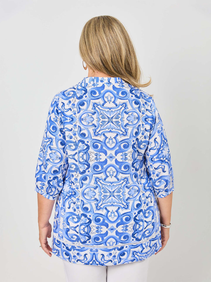 Nehru Collar Tucked Rayon Shirt - Blue Wedgewood