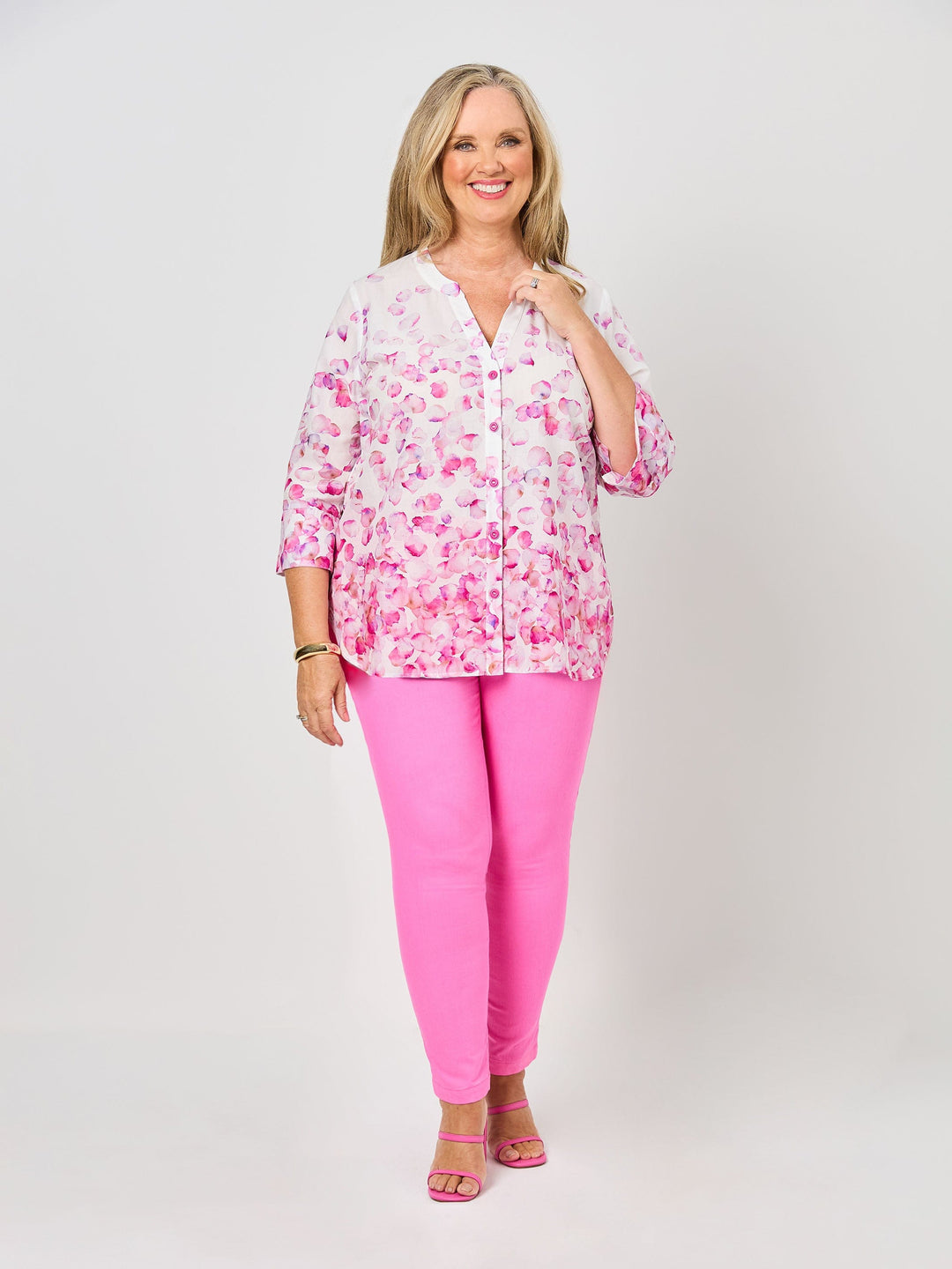 V-Insert Button Thru Print Cotton Shirt - Falling Petals