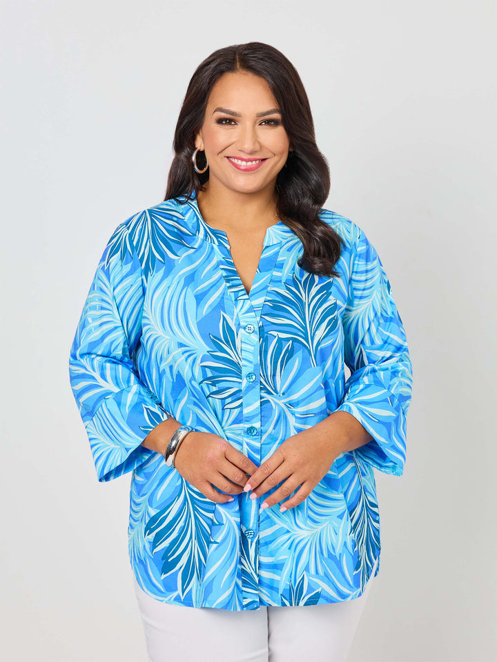 V-Insert Button Thru Print Cotton Shirt - Bermuda