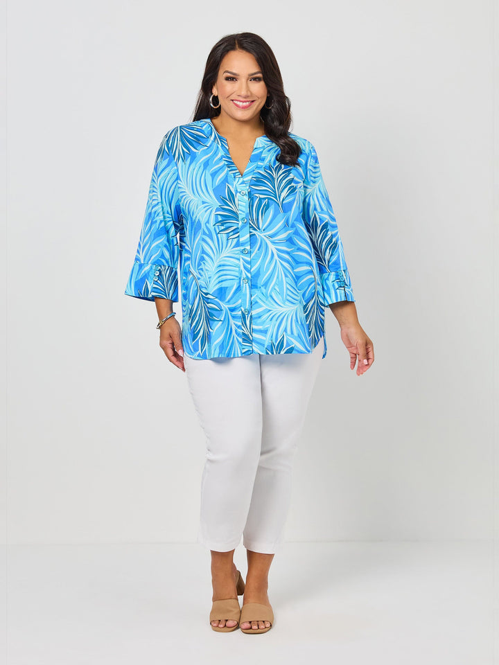 V-Insert Button Thru Print Cotton Shirt - Bermuda