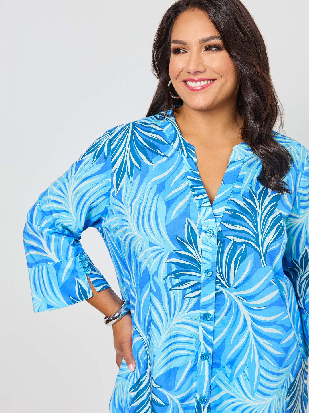 V-Insert Button Thru Print Cotton Shirt - Bermuda