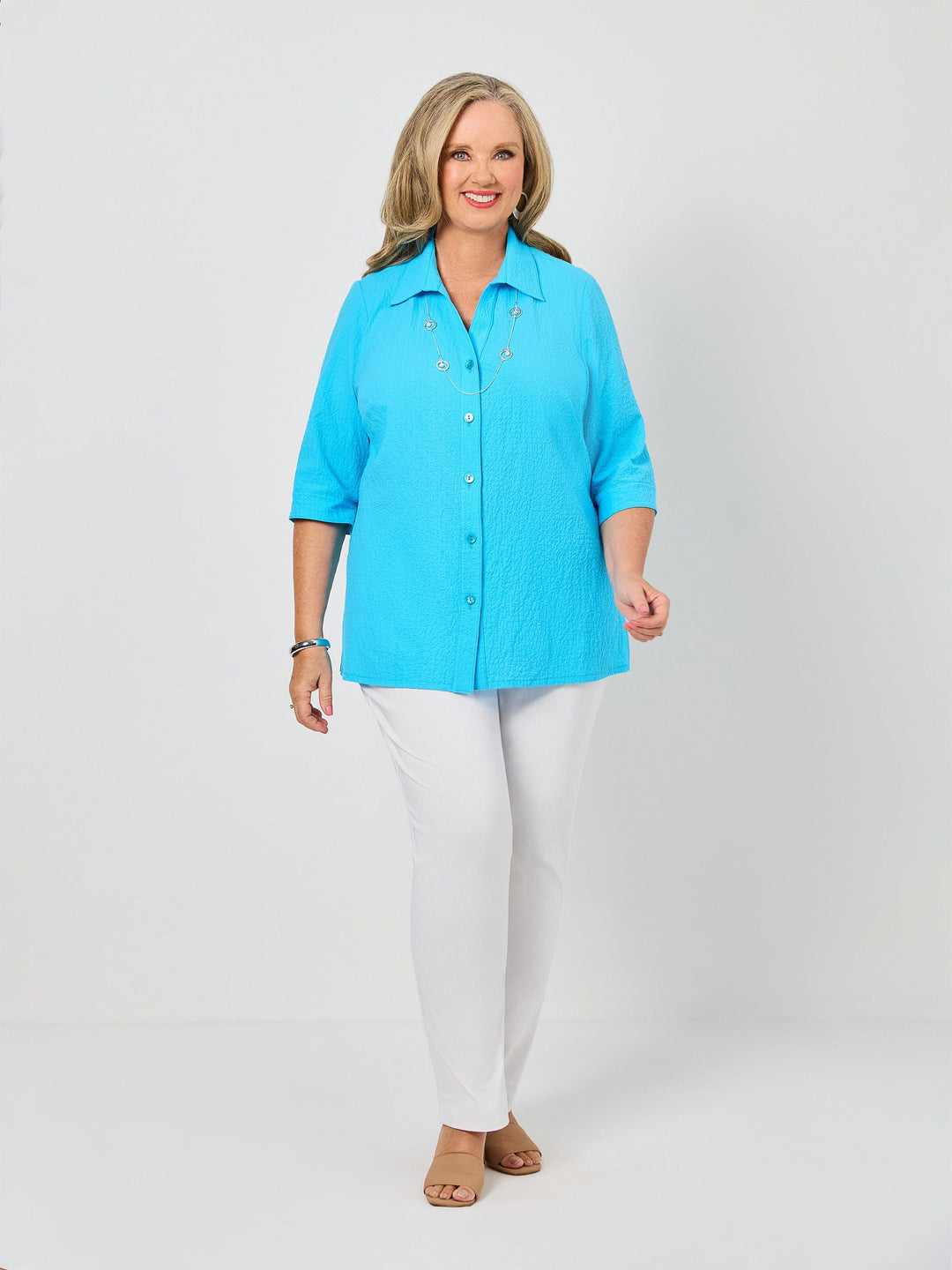 Collared Cotton Shirt - Textured Aqua